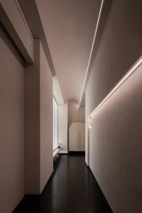 A minimalist interior design featuring concrete walls and floor, with linear lighting and a small green plant.