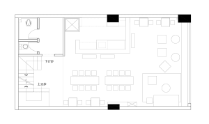 Modern black and white office space layout with furniture and fixtures.
