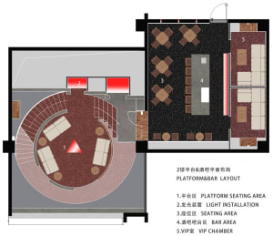 2D architectural rendering of a platform bar area showcasing seating arrangements and lighting installations.