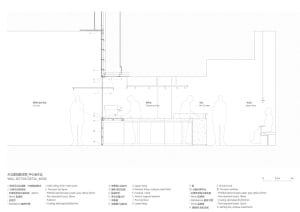 Cross-sectional diagram of a modern retail storefront featuring a terrazzo countertop and interior design details.