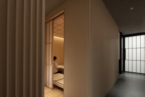 A minimalist interior with wood-paneled walls and a corridor leading to a room with a sliding door.
