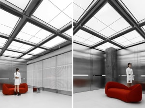 A modern industrial lobby with aluminum panels and glass elements