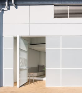 Modern coffee shop with glass wall and minimalist design