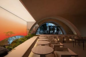 A modern restaurant interior with concrete texture walls and arches, featuring round tables and a living green wall.