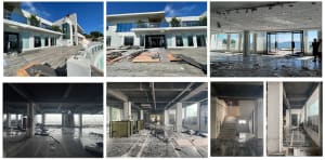 Post-apocalyptic interior design showcasing remnants of concrete materials and post-disaster state.