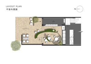 An overhead view of a modern tea room featuring a concrete floor, a circular bar counter, and seating areas with white furnit