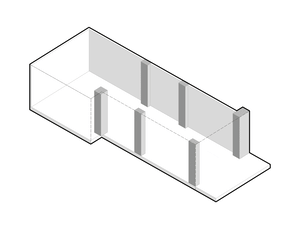 An isometric view of a modern office space featuring exposed concrete columns on the floor plan.