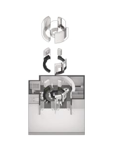 An architectural rendering of a modern office space with metallic spiral staircases, glass walls, and concrete flooring.