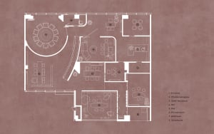 Floor plan of a modern tea shop with various seating areas, a bar, private rooms, and a storage area.