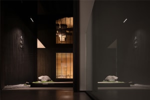 Minimalist interior with dark wood walls and a glass window.