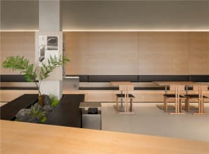 A minimalist restaurant seating area with wooden tables and chairs, featuring a plant and rock decoration.