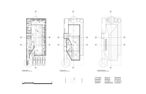 Floor plan of a restaurant showing multiple levels and sections including entrance, seating areas, kitchen, and service areas