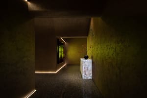 A modern corridor featuring concrete walls and flooring.