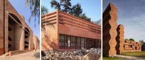 Industrial-style brick building exterior with open archways and wavy walls