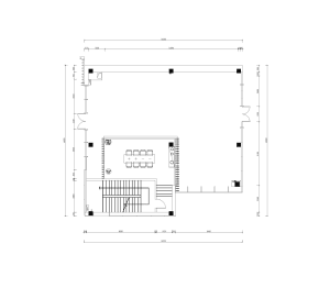 A 2D architectural drawing of a modern office space featuring open areas, steel partitions, and glass doors.