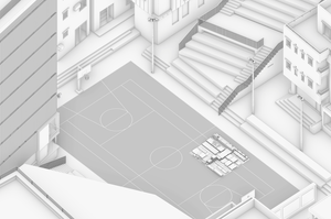 A 3D architectural drawing of an urban basketball court