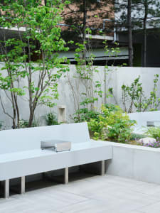 A sleek, contemporary outdoor garden bench made of concrete, surrounded by green foliage and a white wall, with a minimalist 