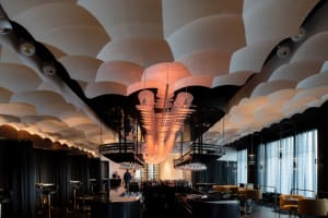 Contemporary restaurant-bar interior with glass pendant lights