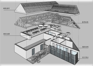 Cross-sectional architectural drawing of a restaurant featuring wooden beams and industrial design elements.