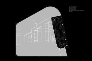 Floor plan of a restaurant showing various sections such as bar, dining area, counter, and terrace.