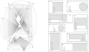 Technical architectural drawing showing the layout of a modern interior space.