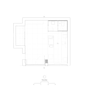 Minimalist house floor plan featuring glass, wood, and metal materials