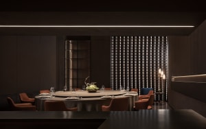 Modern restaurant dining room with round table and chairs