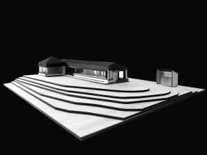 A minimalist architectural model featuring a modern glass roof extension over an existing structure.