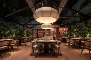 Modern restaurant interior with wooden tables, fabric chairs, and glass pendant lights.