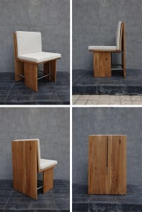 Four modern minimalist wooden chairs with white cushions, viewed from different angles.