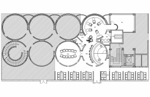 Black and white 2D architectural drawing of a modern restaurant floor plan
