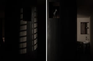 Dark interior with wooden walls and window shadows