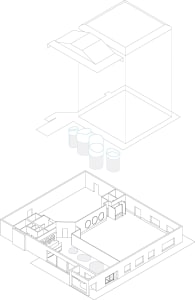 Modern office space with a glass ceiling and open floor plan