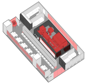 Isometric view of a modern office space with open-plan workstations, desks, and a central meeting area.
