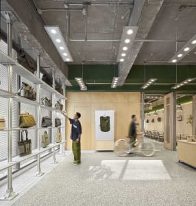 Industrial storefront with metal and glass elements.
