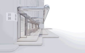 A 3D architectural rendering of a modern restaurant featuring metallic and glass materials.