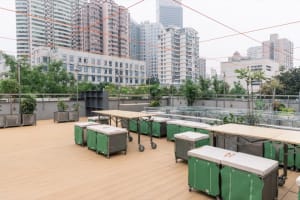 A rooftop cafeteria with tables, benches, and green canvas containers in front of a cityscape.
