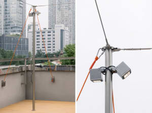 Metal post with two spotlights suspended by orange ropes in an outdoor setting.