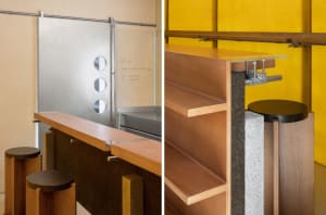 A modern interior design featuring wood and metal materials and functional zones.