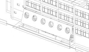 Black and white diagram of a building with a steel skeleton.
