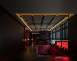 Modern hotel lobby featuring black walls, wooden beams, metal roofing, and red lighting.