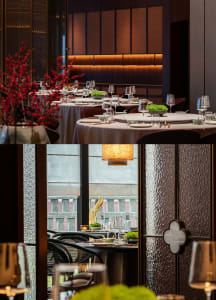 Modern restaurant interior featuring glass and wood materials