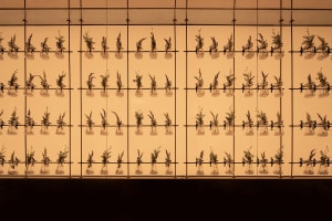 A modern industrial wall display featuring suspended plants in glass beakers.