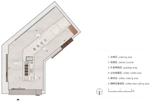 Floor plan of a coffee shop featuring concrete, steel, and wood materials.