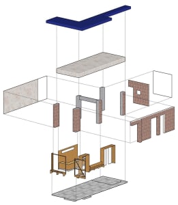 An architectural drawing of an office layout with transparent partitions.