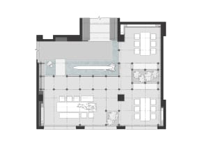 Floor plan of a modern office space showing layout and functional zones.