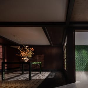 A dark, modern living space featuring wooden paneling and a table with a natural floral arrangement.