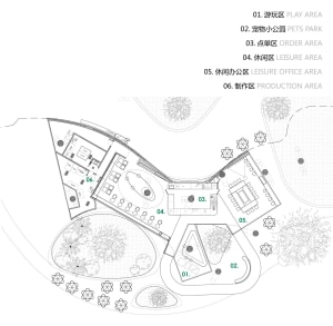 An architectural plan of a playground, showing various functional zones.