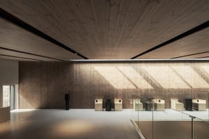 Modern minimalist conference room with concrete floor and wooden walls.