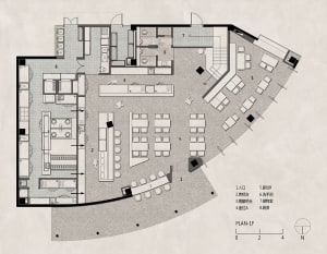 An architectural floor plan for a modern public space with seating areas, service counters, and restrooms.